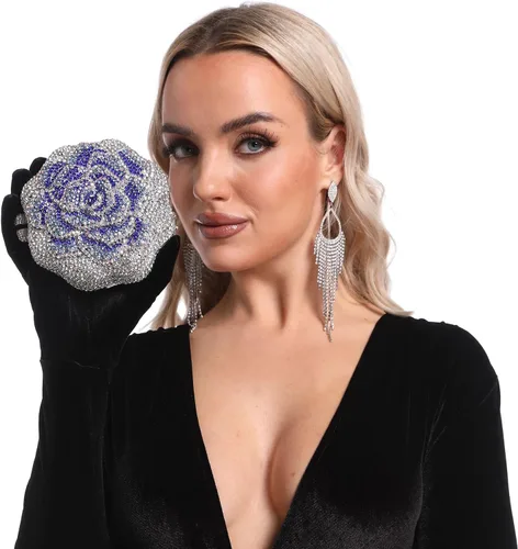 Vista 4 de Boutique De FGG Bolso de mano de cristal rosa para mujer, bolso de noche con flores, para boda, fiesta, graduación, novia, con diamantes