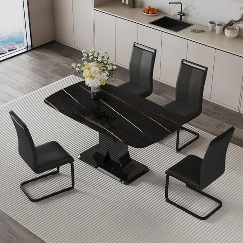 Vista 21 de Moderno juego de mesa de comedor para 4, mesa de vidrio de 63 pulgadas y base de MDF, mesa de comedor de mármol sintético negro con 4 sillas Mesa