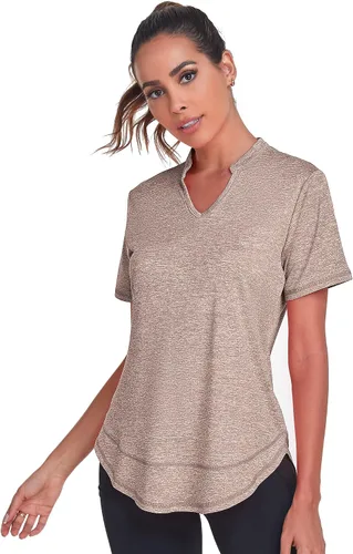 Vista 2 de Absttith Camisetas de entrenamiento de manga corta para mujer, para yoga, senderismo, secado rápido, cuello en V, camiseta deportiva con abertura