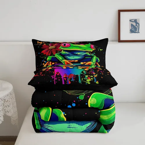 Vista 5 de Juego de edredón de rana, juegos de ropa de cama de animales de dibujos animados, tamaño individual, relleno de edredón de grafiti de teñido anudado