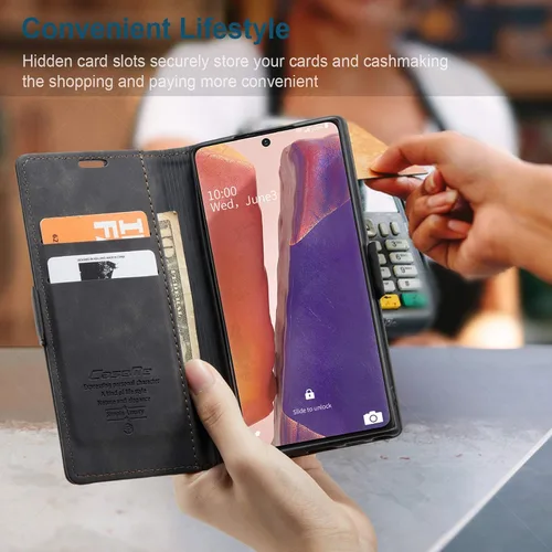 Vista 7 de Funda tipo cartera para Samsung Galaxy Note 20, piel sintética retro, cierre magnético, con ranuras para tarjetas, bolsillos para efectivo con Negro
