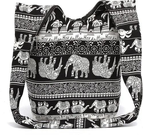 Vista 2 de Bolsa de hombro para mujer, de lona en estilo hippiebohemio para llevar cruzada al hombro, disponible en diferentes colores y estampados