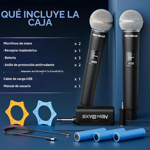 Vista 8 de Micrófono inalámbrico, micrófonos recargables inalámbricos de mano duales dinámicos, micrófonos de karaoke NEW BAXS con salida de 1/4 pulgada