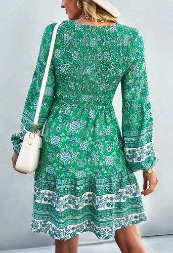 Vista 5 de KIRUNDO Vestido corto de manga larga con volantes y estampado floral para mujer, cuello redondo, cintura alta fruncida, acampanado, vestido corto