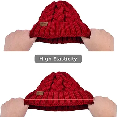 Vista 5 de Rosoz Gorro de cola de caballo para mujer, gorro cálido de invierno, suave, elástico, de punto trenzado, para moño alto