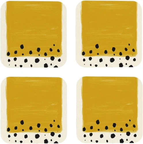 Vista 2 de Juego de 4 manteles individuales con estampado amarillo mostaza y negro, de cuero, resistentes a las manchas, para comedor, cocina, antideslizantes