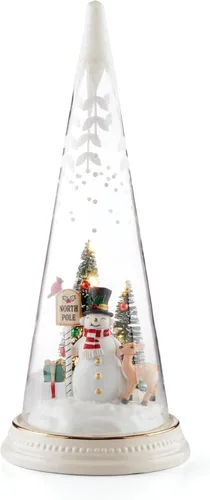 Vista 2 de Lenox 895174 Cono navideño iluminado con escena de muñeco de nieve del Polo Norte, decoración navideña