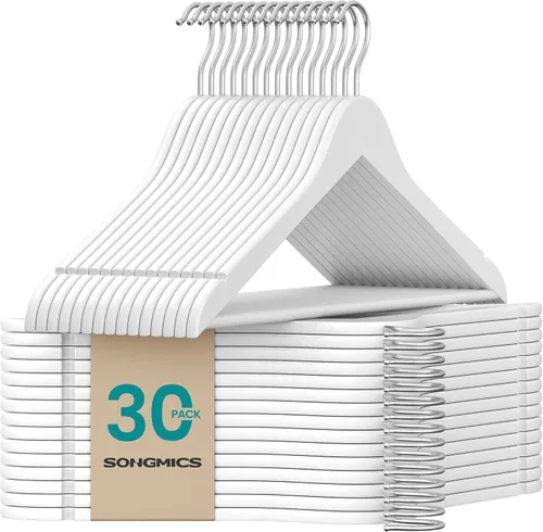 Vista 12 de SONGMICS Perchas de madera, paquete de 20, perchas para abrigos, barra para pantalones, ganchos giratorios de 360°, madera de abedul maciza, 0.3