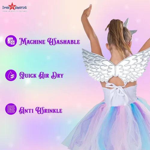 Vista 4 de Dress Up America Vestido de unicornio para niñas, vestido de fiesta de disfraz de unicornio, vestido de tutú mágico y diadema