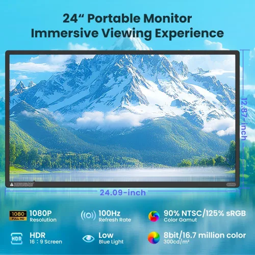 Vista 3 de Hyangin Monitor portátil grande de 24 pulgadas para laptop, pantalla portátil de 1080P FHD 100Hz, 125% sRGB IPS con soporte ajustable para laptop