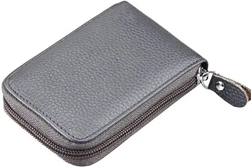 Vista 4 de Noedy RFID bloqueo de tarjetas de crédito titulares caso organizador cuero genuino cremallera alrededor de la cartera de seguridad, Gris, Mujeres