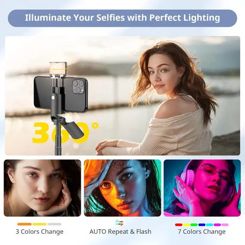 Vista 3 de Sensyne Palo selfie con luz, trípode para teléfono con mango giratorio de 360° compatible con teléfonos celulares