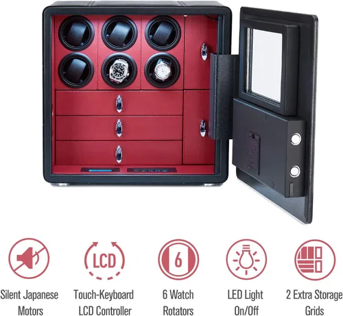 Vista 3 de Cheopz Caja de seguridad para 6 relojes automáticos y almacenamiento de múltiples joyas con cerradura de seguridad, Negro