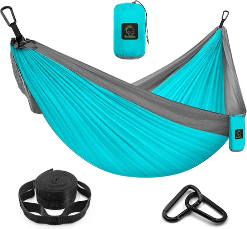 Vista 16 de Grassman Hamaca de camping doble y individual hamaca portátil con correas de árbol, hamacas de paracaídas de nailon ligero, accesorios de Negro &