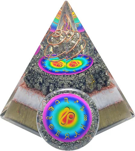 Vista 14 de Juego de pirámide de orgón y piedra de palmera de horóscopo, cristal curativo de acuario, signo del zodiaco, hecho de pirita y angelita para calma