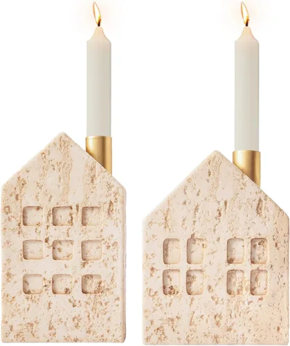 Vista 5 de DN DECONATION - Juego de 2 portavelas de Navidad, portavelas de casa with Metal Chimney for Taper Candles, Boho Travertine-Style Holiday Table