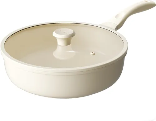 Vista 11 de Redchef Sartén antiadherente para freír con tapa, sartén para saltear de cerámica, libre de PFOA y PFOS, compatible con inducción, mango con ayuda