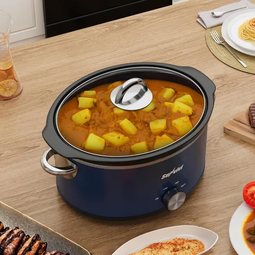 Vista 8 de Olla de cocción lenta de 3QT, olla pequeña con 3 ajustes de calentamiento y olla de cerámica extraíble, mini calentador de alimentos con tapa de Azul