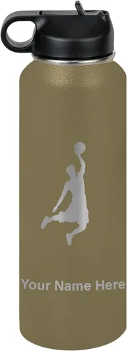 Vista 69 de LaserGram Botella de Agua Personalizada, Basketball Slam Dunk Man, Acero Inoxidable de Doble Pared con Aislamiento al Vacío con Pajita Abatible