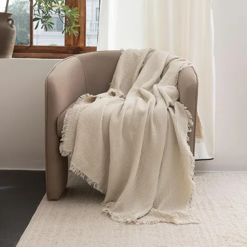 Vista 7 de FOSSA Manta de Muselina con Flecos - Gasa de Algodón 100% de 4 Capas Súper Suave y Transpirable - Manta Decorativa Ligera y Refrescante para Cama