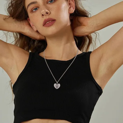 Vista 2 de Collar de ala de ángel de corazón de plata de ley, collares con dije de cruz de protección, joyería de cumpleaños, regalos de Navidad para mujeres