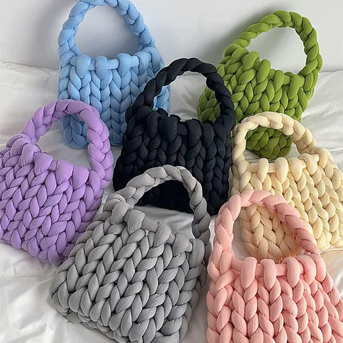 Vista 5 de OXYPLAY Bolso grueso y voluminoso de lana tejida a mano, bolso de hombro de punto de hilo grueso, bolso suave casual, bolso de cubo trenzado DIY