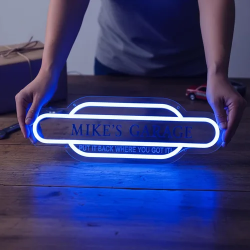 Vista 4 de Letrero de neón de garaje azul personalizado con calcomanías, letrero de luz LED de acrílico personalizado hecho a mano, letrero de neón LED