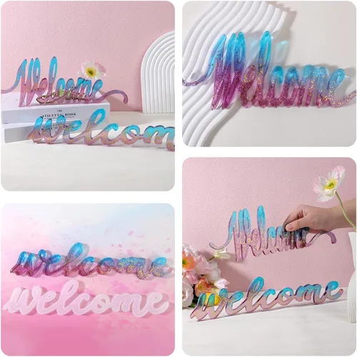 Vista 7 de Gartful Moldes para letreros de palabras, bienvenidos, moldes de palabras de resina epoxi de silicona, moldes de letras de fundición de resina