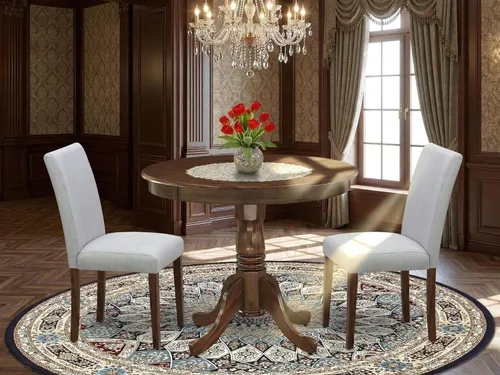 Vista 2 de East West Furniture ANAB3-AWA-05 - Juego de mesa de comedor moderno de 3 piezas, incluye una mesa de cocina redonda con pedestal y 2 sillas
