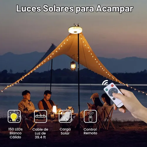 Vista 2 de Guirnalda de luces solares para campamento, 39.4 pies, portátil, impermeable, con 8 modos de iluminación, funciona con energía solar y recargable