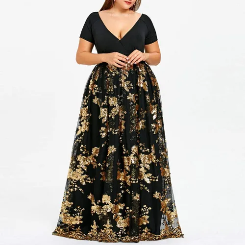 Vista 2 de Vestido de malla de manga corta para mujer, floral, para fiesta, noche, con lentejuelas, cuello en V, talla grande, vestidos de corbata para mujer