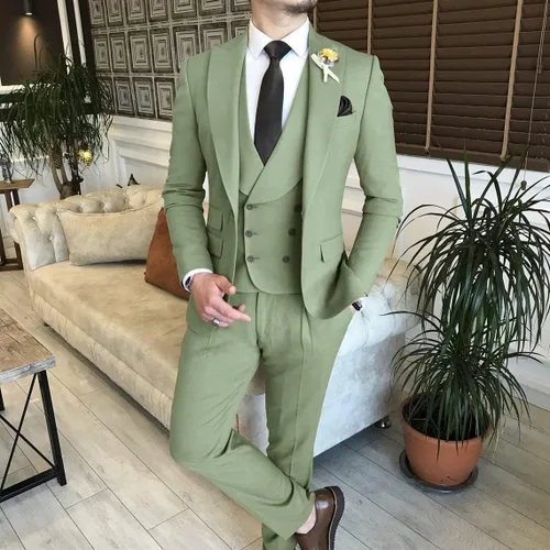 Vista 5 de Wangyue Trajes de 3 piezas para hombre, traje ajustado de doble botonadura, traje de baile de graduación, boda, fiesta, esmoquin, chaqueta, chaleco