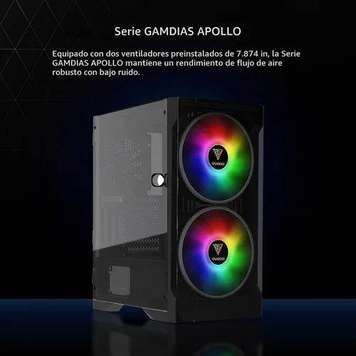 Vista 2 de GAMDIAS ATX Mid Tower - Carcasa para computadora de videojuegos para computadoras de escritorio y PC, 2 ventiladores ARGB LED de 7.874 in
