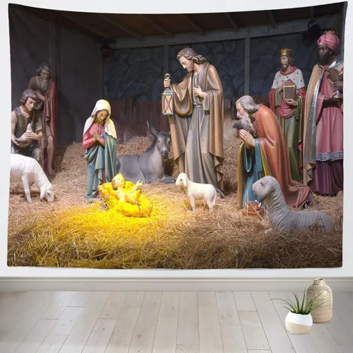 Vista 8 de Loccor Tapiz de Navidad Escena del Nacimiento Pesebre Escena del Nacimiento del Bebé Jesús Tapiz para Colgar en la Pared Tapestries Religiosos