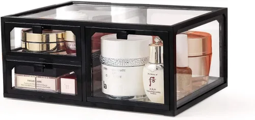 Vista 6 de MOOCHI Organizador de maquillaje cosmético de vidrio vintage negro con 3 cajones, juego de polvo impermeable para cosméticos, vitrina