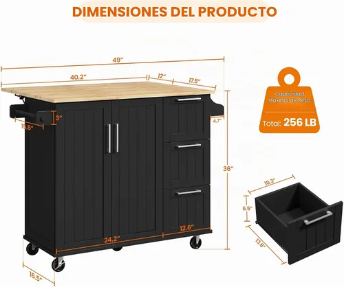 Vista 3 de Yaheetech Isla de cocina enrollable de 49 pulgadas de ancho