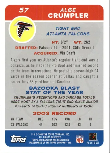 Vista 2 de 2004 Bazooka #57 Alge Crumpler NFL Football Trading Card