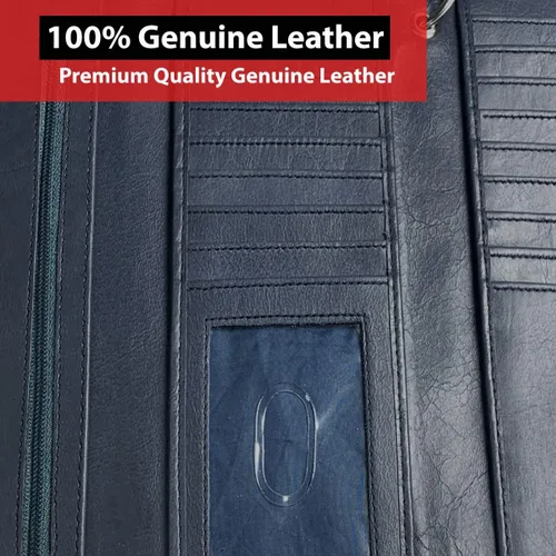 Vista 6 de IBRO Cartera de cadena de motocicleta para hombre 100 piel auténtica natural bloqueo RFID largo de triple pliegue organizador de dinero de tarjeta