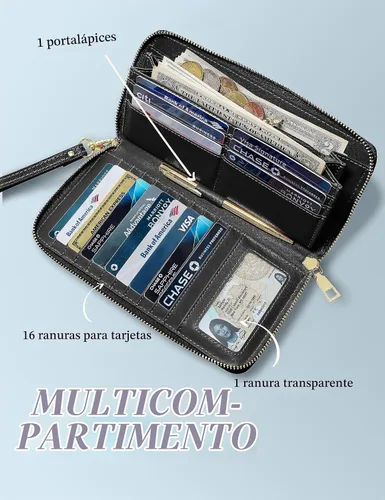 Vista 6 de Yarnic Cartera para mujer, negro, piel sintética, protección RFID, 8.9 x 4.7 x 0.8 pulgadas