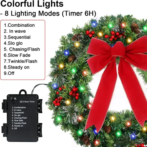 Vista 8 de Corona de Navidad Prelit de 24 pulgadas con Colgador para Puerta Delantera, Decoraciones de Navidad, 8 Modos de Luz, Impermeable, Funciona