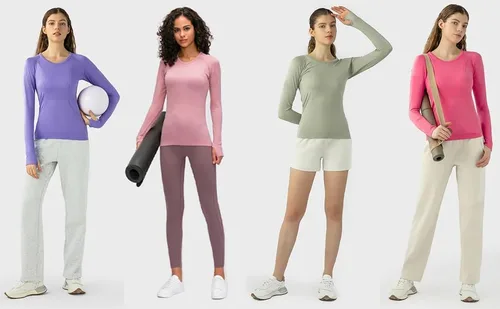 Vista 12 de Camiseta sin costuras para mujer, de manga larga, perfecta para yoga, gimnasio, para deportes y fitness, ajuste entallado