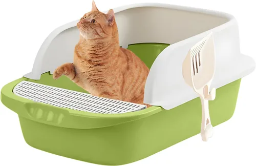 Vista 11 de Caja de arena grande para gatos con lados altos, bandeja de arena para gatos grandes con pala y escudo de dispersión, caja de arena de plástico