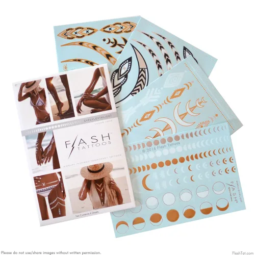 Vista 2 de Flash Tattoos Lunar Love - Tatuajes temporales metálicos auténticos, paquete de 4 hojas (negro/dorado/plateado/blanco) – Incluye más de 38 tatuajes