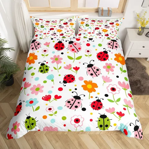 Vista 5 de Manfei Juego de funda de edredón de mariquita de tamaño individual, juego de ropa de cama de flores de acuarela de 2 piezas, funda de edredón floral