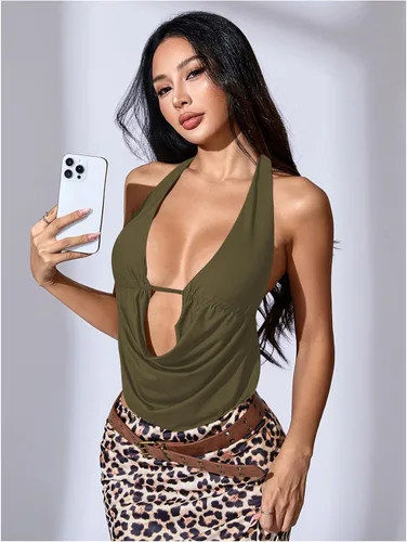 Vista 4 de SHENHE Camiseta corta sexy Y2k con cuello en V profundo y espalda abierta para mujer