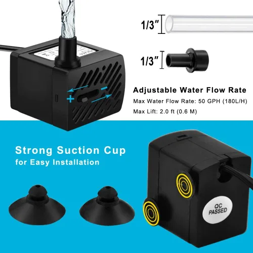 Vista 5 de PULACO Mini bomba de fuente (50 GPH 3 W), bomba de agua sumergible ultra silenciosa para acuario, tanque de peces pequeño, fuente de agua