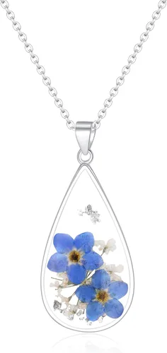 Vista 92 de Forget-Me-Not and Queen Anne's Lace Pressed Wildflower Necklace Birth Month Real Flower Necklace Gold/Silver Pressed Flower Jewelry