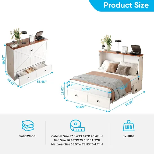 Vista 2 de Mjkone 57" W Full Murphy Bed with Tri-fold Mattress, White