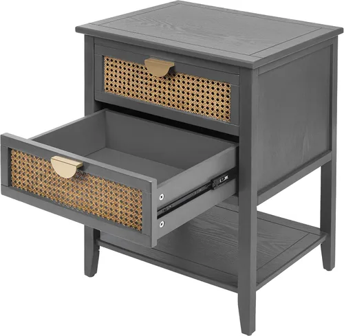 Vista 7 de ZeHuoGe Mesita de noche de ratán, mesa auxiliar con 2 cajones profundos, fusión moderna-rústica, gris, 22 pulgadas de ancho x 28.35 pulgadas de alto