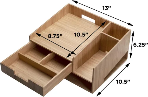 Vista 8 de MobileVision Soporte de teléfono de bambú con cajón, bandeja de papel y soporte para lápices, solución de almacenamiento para productos de oficina